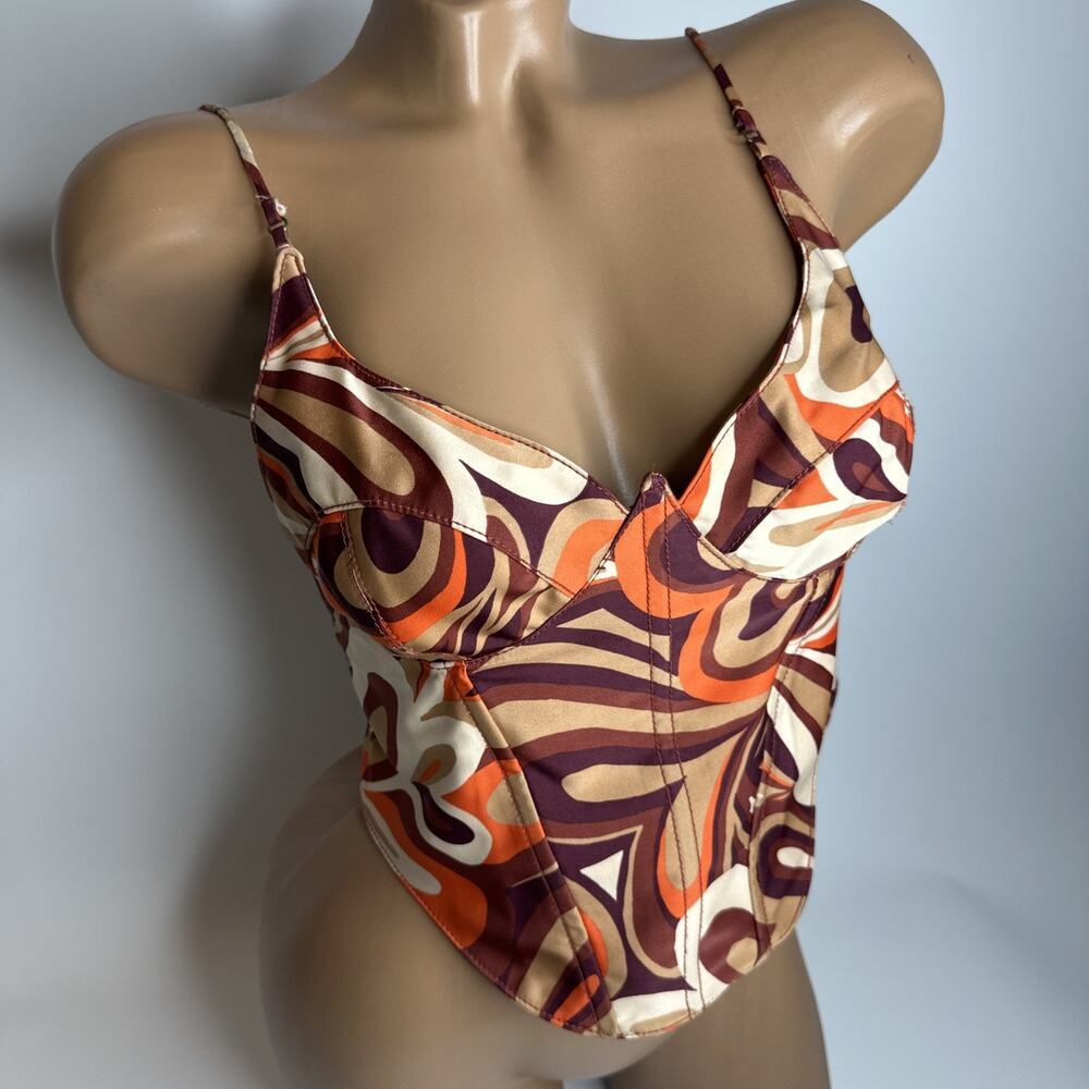 Urban Outfitters Karissa Swirl Corset Bustier Top Medium Orange Brown Retro 70s